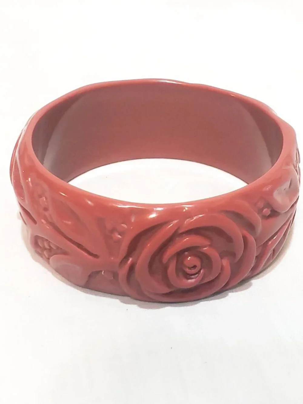 Rose Flower Wide Thick Carved Look Red Bangle Bracelet 2.5
